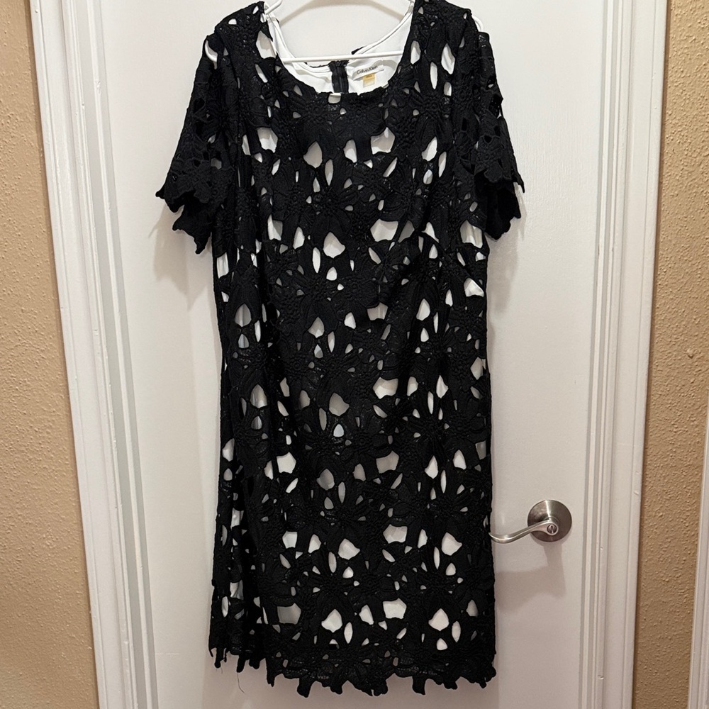 Black Crochet Overlay Dress with White Lining - Women's